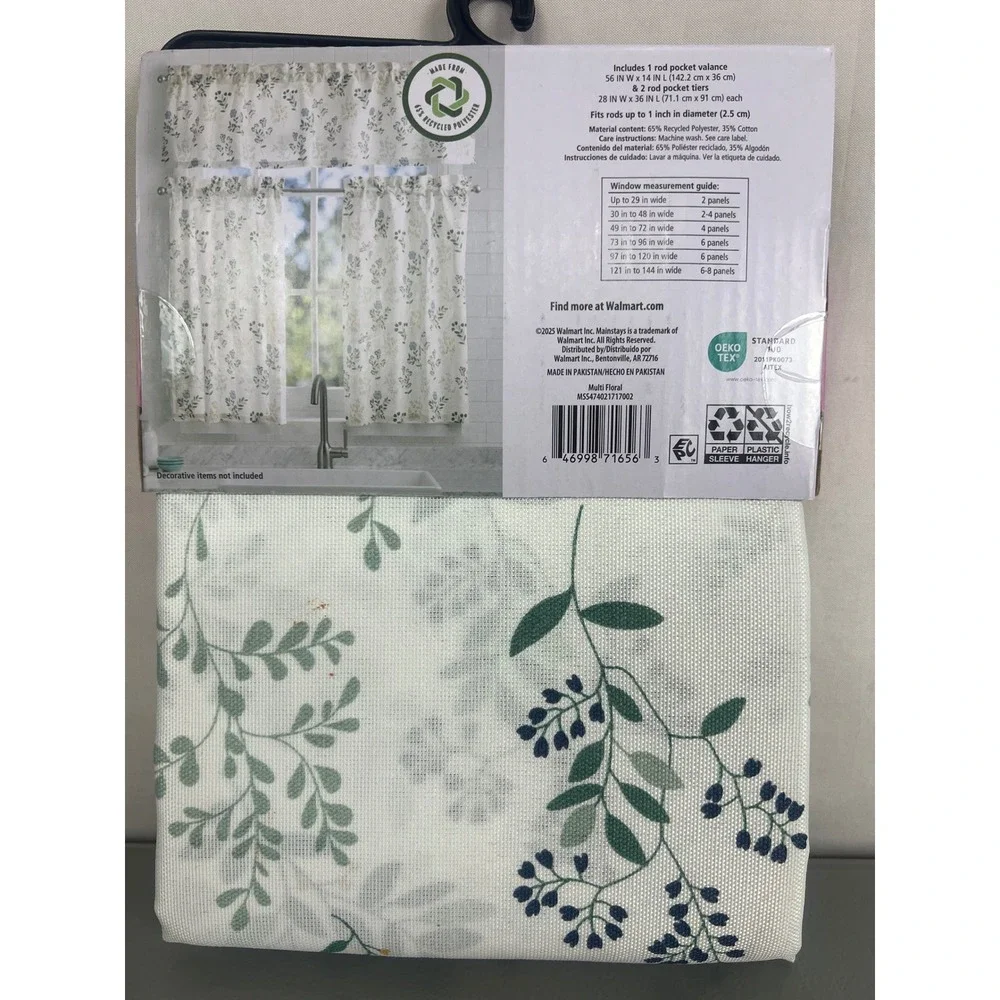 Mainstays Multi Floral 3pc Small Window Curtain Set with 2 Adjustable Rods White